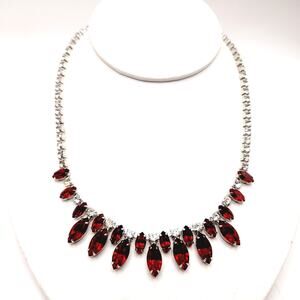 B. David Vintage Red Rhinestone Choker Necklace, Rhodium Plated, 1950s